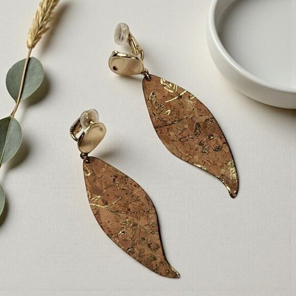 None Jewelry - Peach Leaf Clip-On Earrings – Boho Gold Tone 2.75"